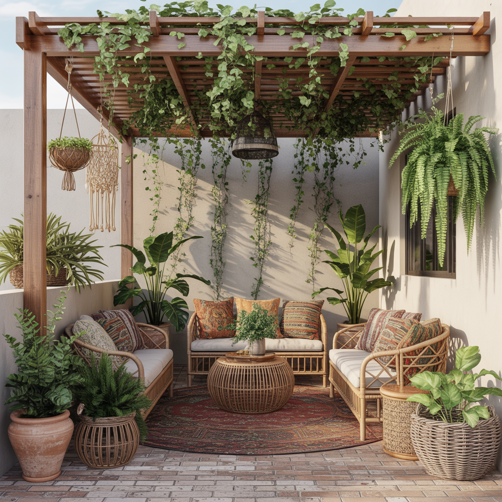 Outdoor Boho Patio Ideas for a Cozy Backyard Retreat 5 Boho patio with potted plants, macramé hangers, and trailing vines under a pergola.