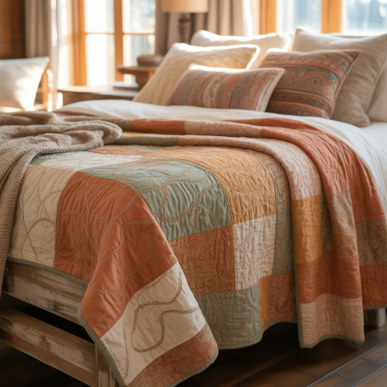 Boho quilt with subtle stitching over bed, framed by throw and pillows.