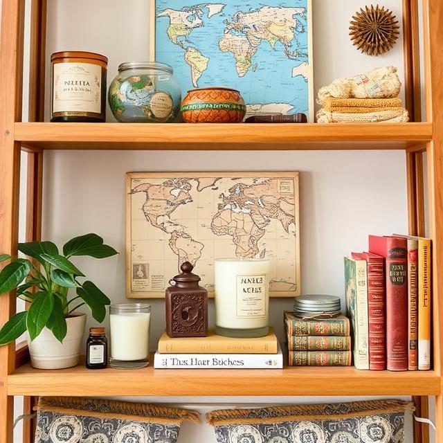 20 Modern Boho Home Décor Ideas for a Stylish 2025 Makeover 19 Boho shelf with travel souvenirs, candles, and vintage books.