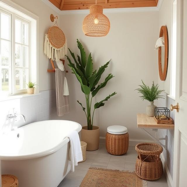 10 Boho Bathroom Ideas: Turn Your Bath Into a Relaxing Oasis 9 Boho spa-style bathroom with candles, greenery, and soft light