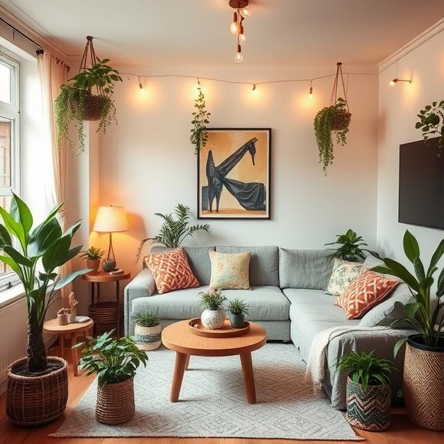 Small Boho Living Room Ideas That Feel Warm and Spacious 11 Boho-style seating area with macramé, wooden coffee table, and candles.