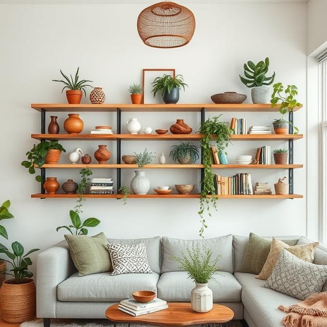 Boho-themed open wooden shelves with plants, books and ceramics in a stylish living room