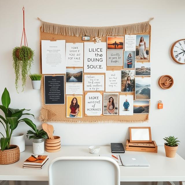 10 Genius Modern Boho Home Office Ideas for a Creative & Inspiring Workspace (2025) 12 Boho workspace with creative vision board featuring quotes and photos.