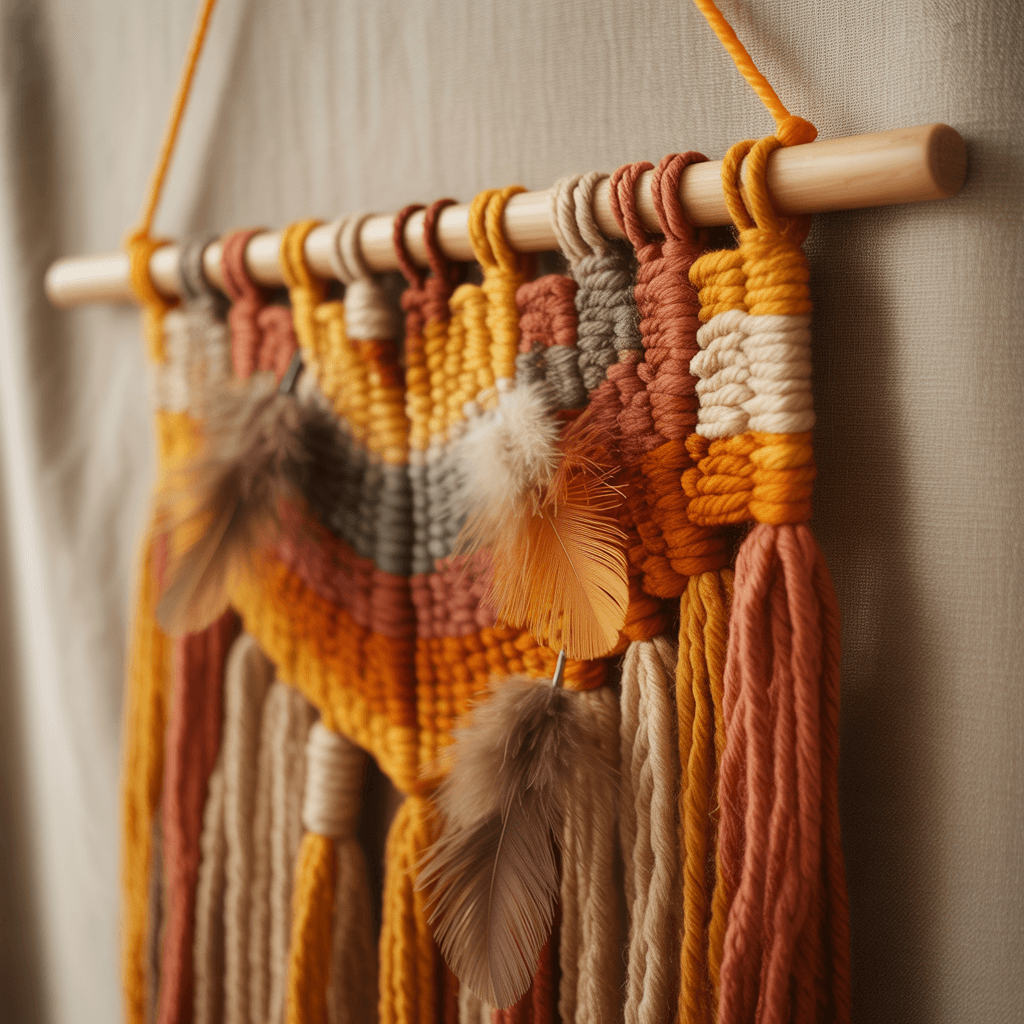 Boho woven yarn wall hanging with wooden beads in fall tones.