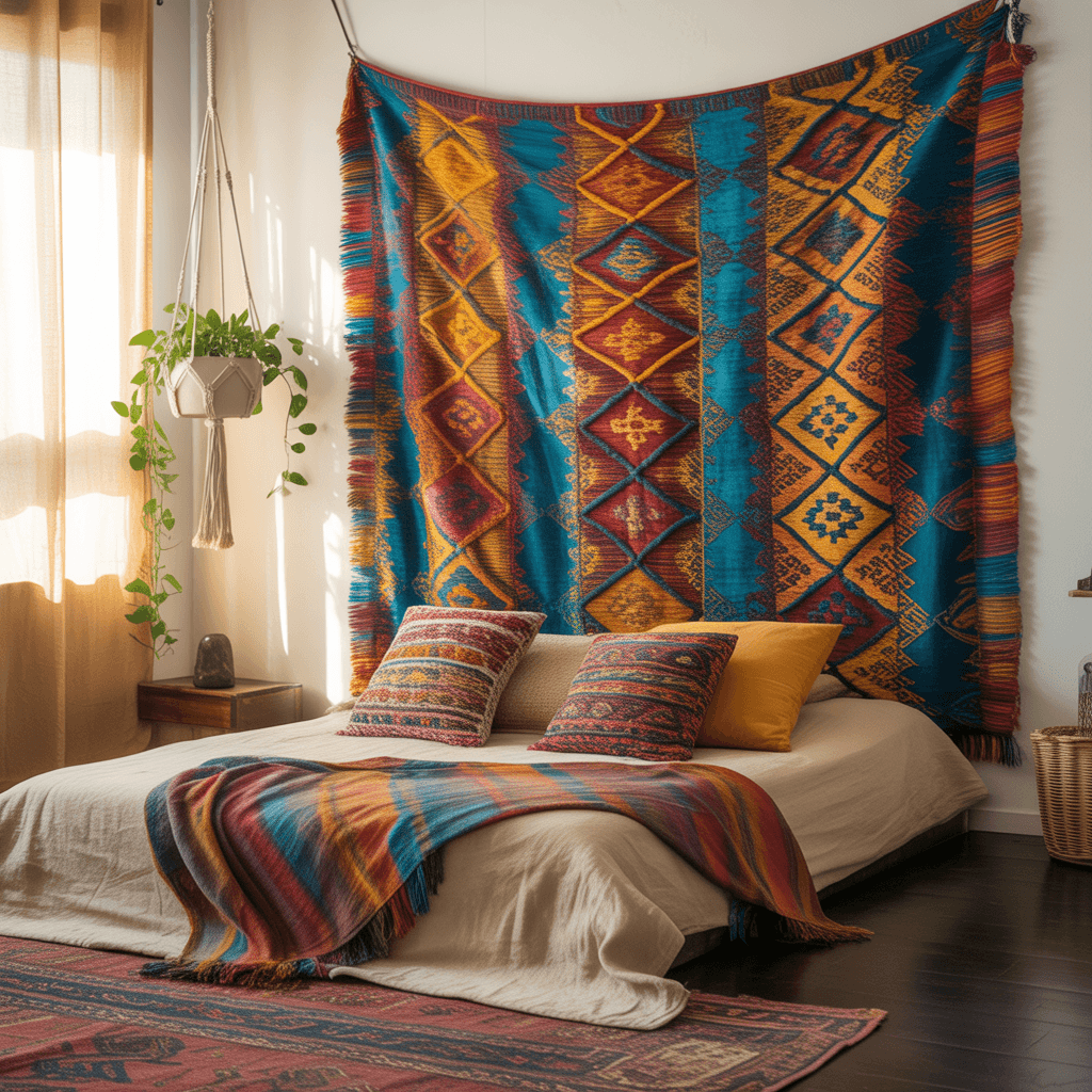 Bold woven tapestry in a Colorful Boho Interiors bedroom display.