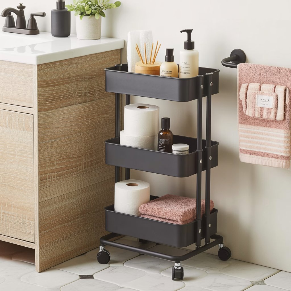 Budget bathroom storage using over-the-door organizer