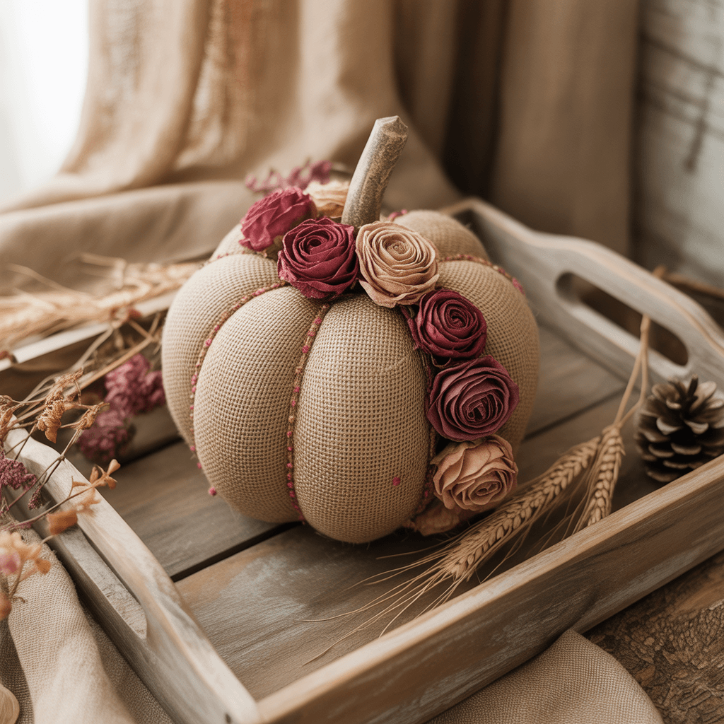  Burlap appliqué pumpkin on a wooden tray with dried florals.
