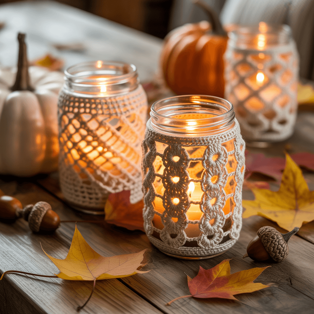 Burlap lanterns layered with black lace glowing on a porch.