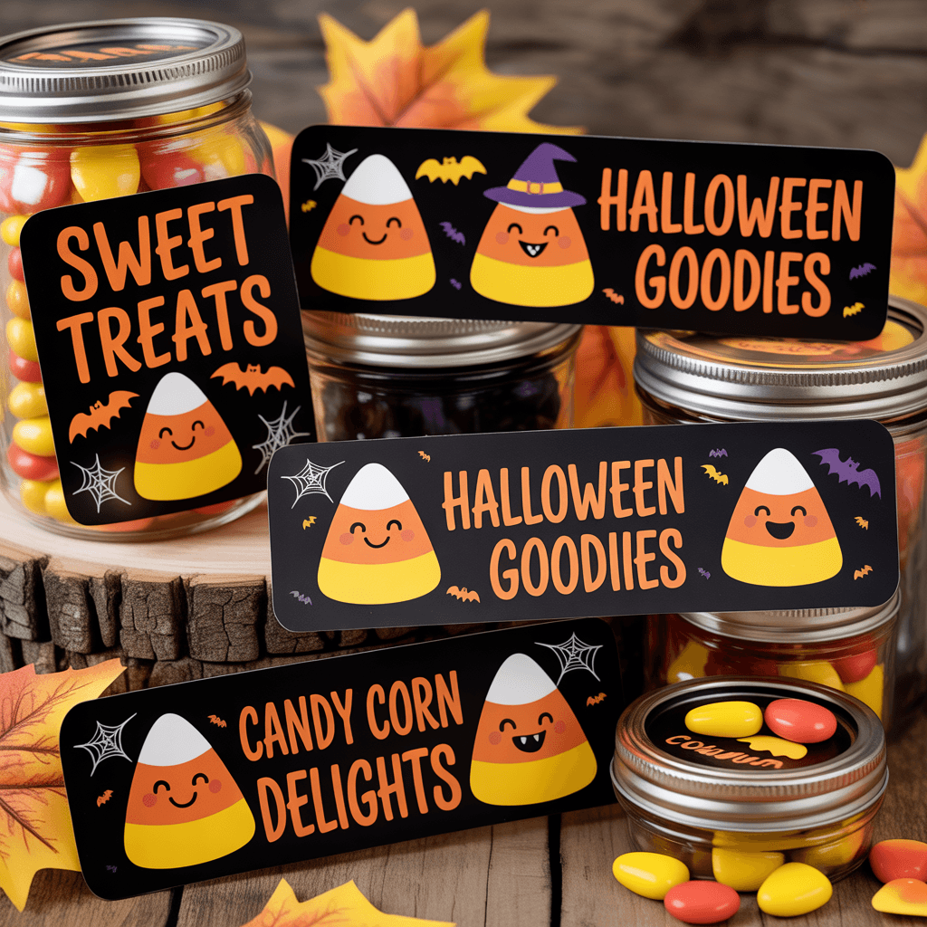 Candy corn labels from Free Printable Halloween Decorations on party favor jars.