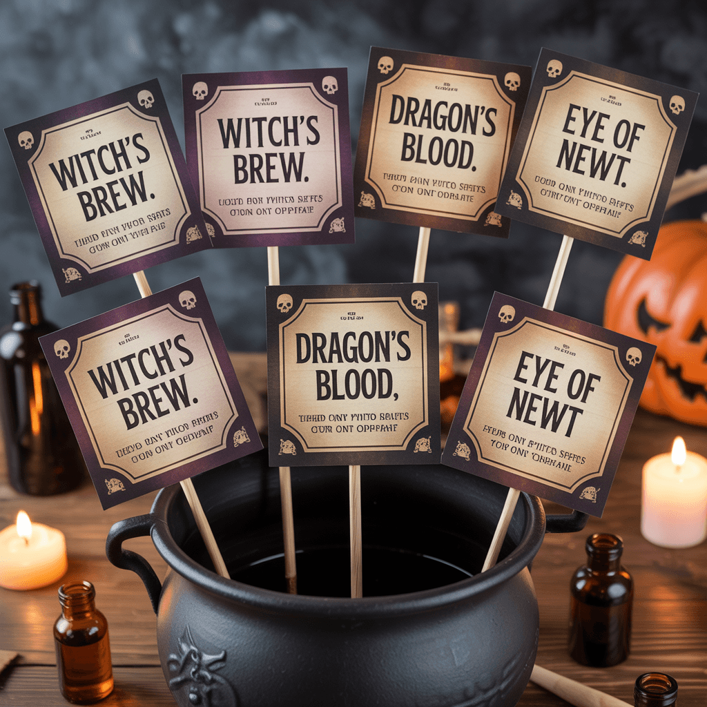 Cauldron stir stick labels from Free Printable Halloween Decorations at a party.