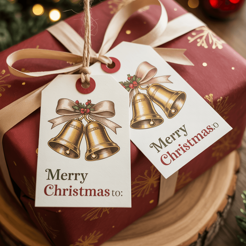 Christmas Gift Tags with bell design on a gift.