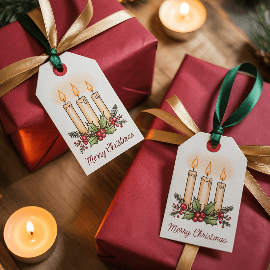 Christmas Gift Tags with candle design on a package.