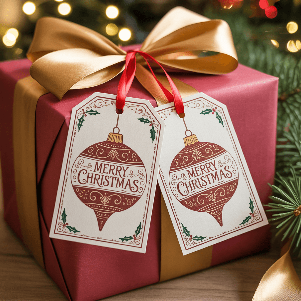 Christmas Gift Tags with ornament design on a gift box.