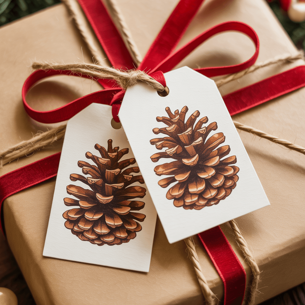 Christmas Gift Tags with pinecone design on a present.