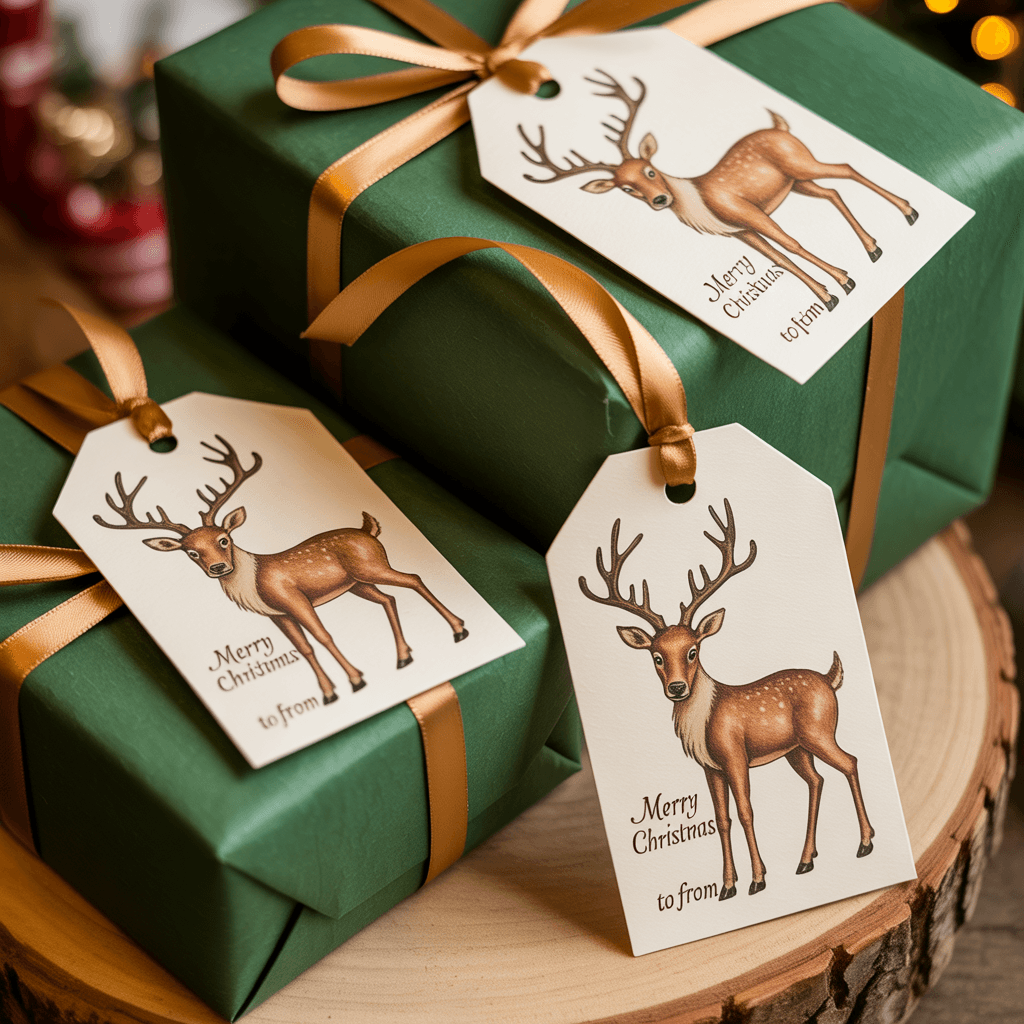 Christmas Gift Tags with reindeer design on a gift.