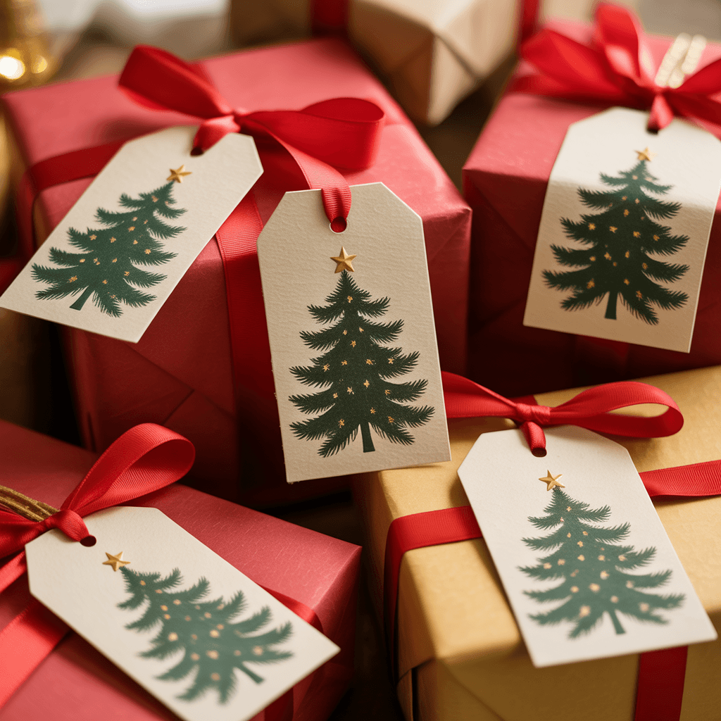 Christmas Gift Tags with tree design on a package.