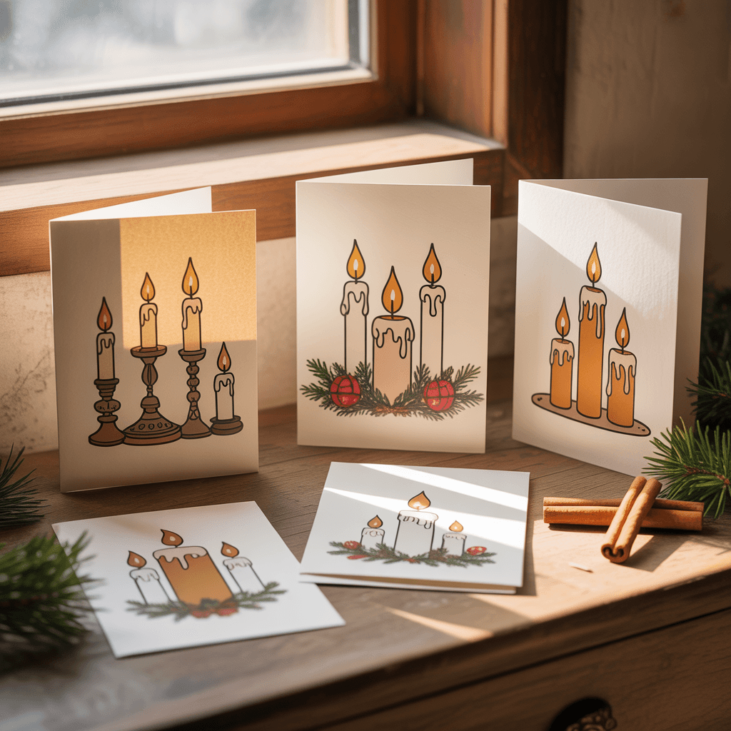 Christmas Greeting Cards with candle design on a desk.