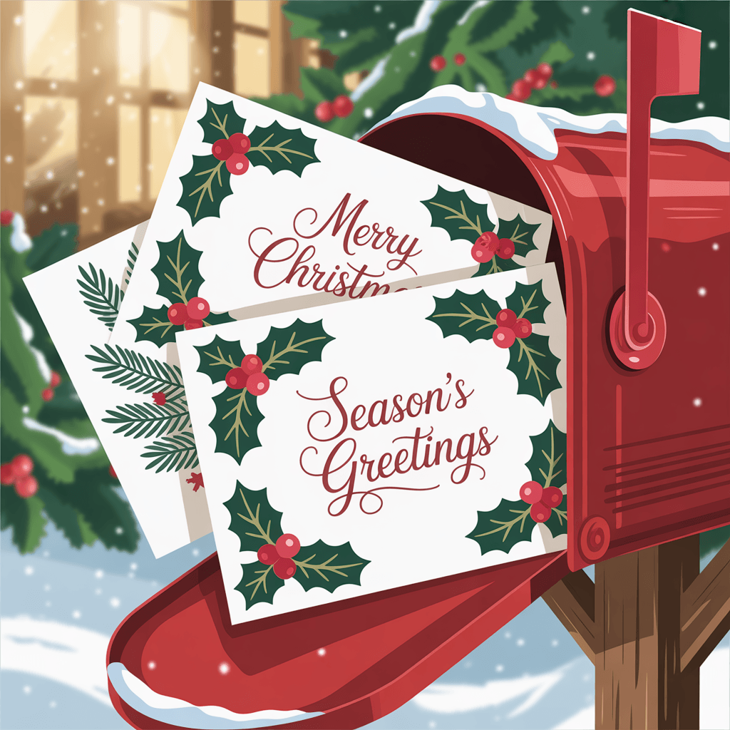  Christmas Greeting Cards with holly design in a mailbox.