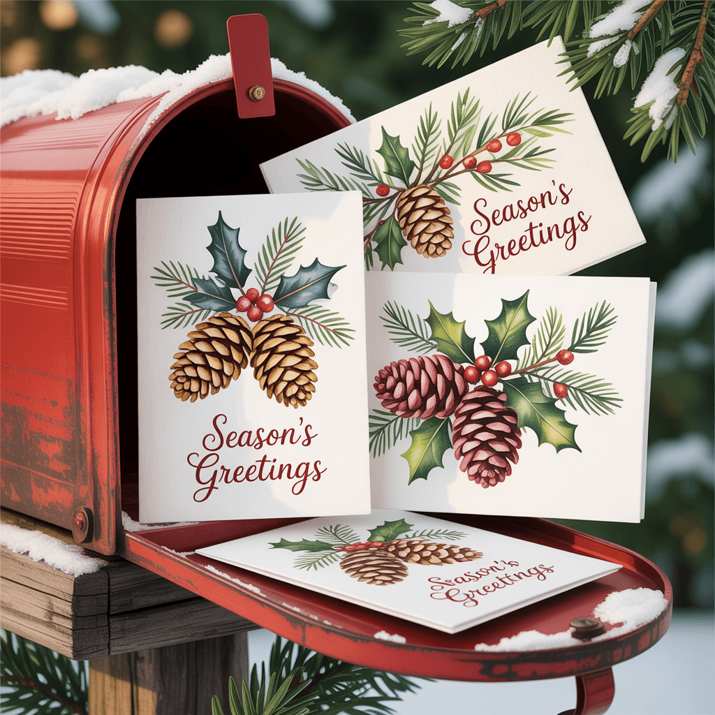 Christmas Greeting Cards with pinecone design in a mailbox.