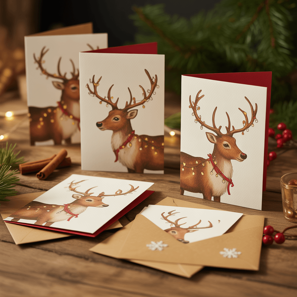 Christmas Greeting Cards with reindeer design on a table.