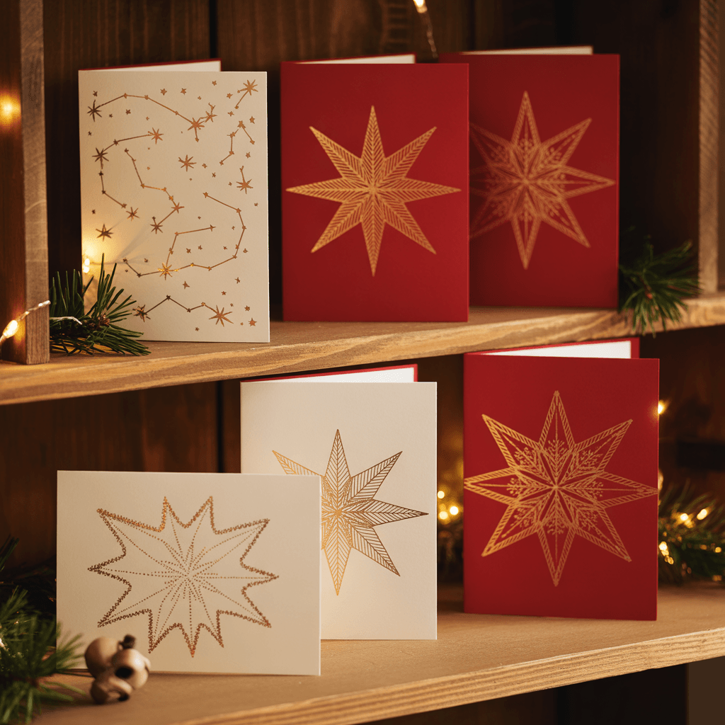 Christmas Greeting Cards with star design on a shelf.
