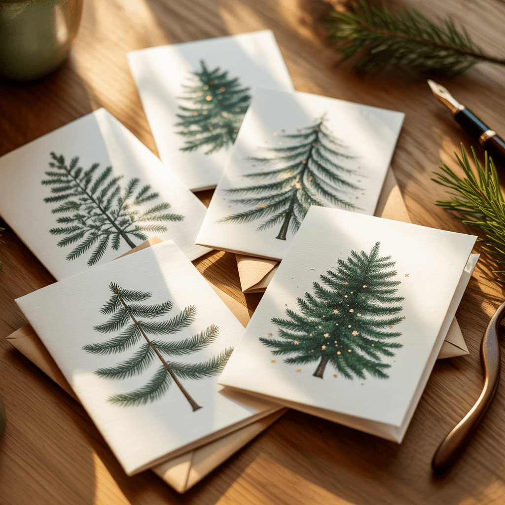  Christmas Greeting Cards with tree design on a desk.