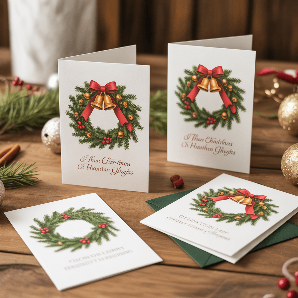 Christmas Greeting Cards with wreath design on a table.