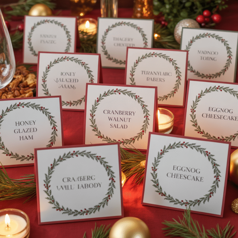 Christmas Party Labels feature image with boho-inspired designs on a buffet table.