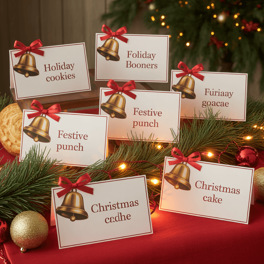Christmas Party Labels with bell design on a snack table.