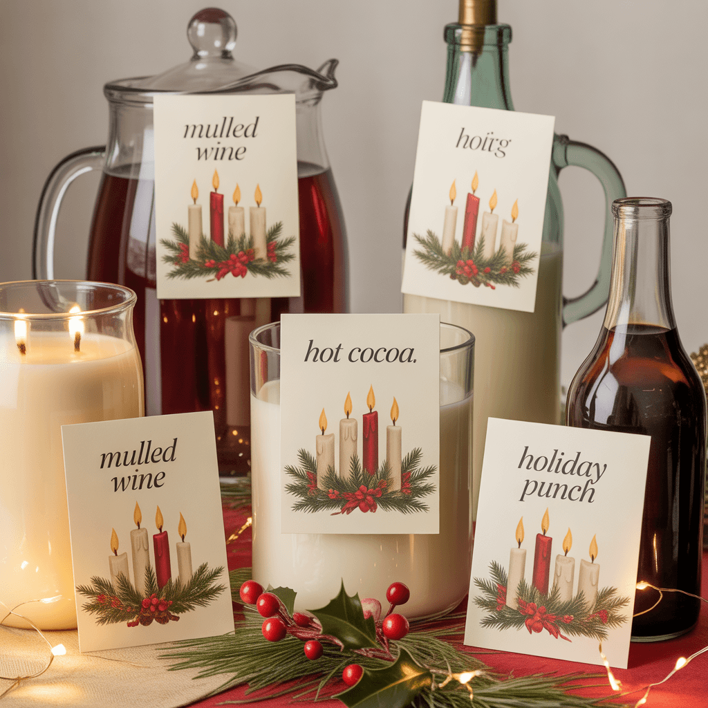Christmas Party Labels with candle design on a beverage table.