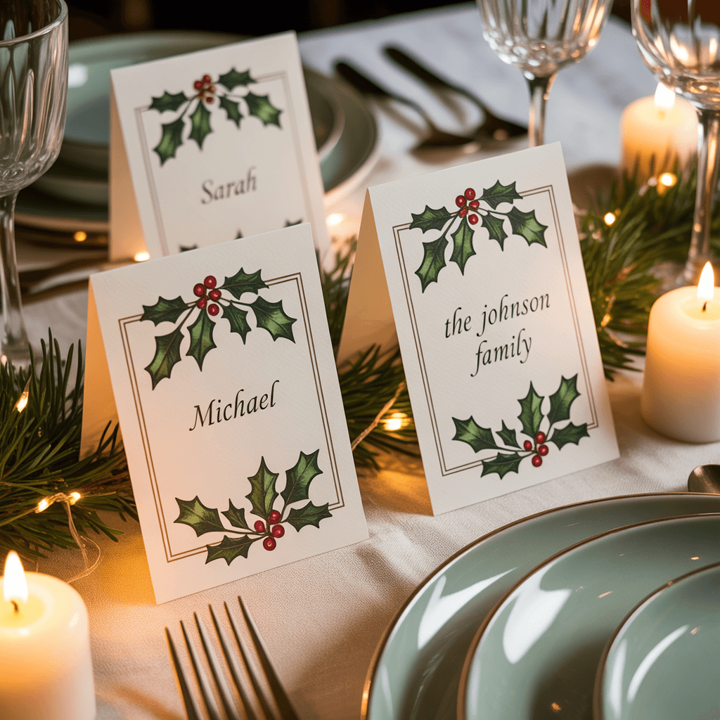 Christmas Party Labels with holly design on a dining table.