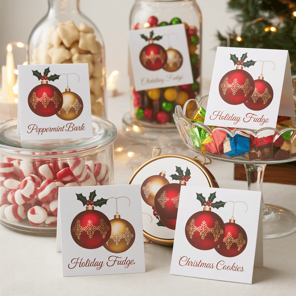 Christmas Party Labels with ornament design on a candy table.