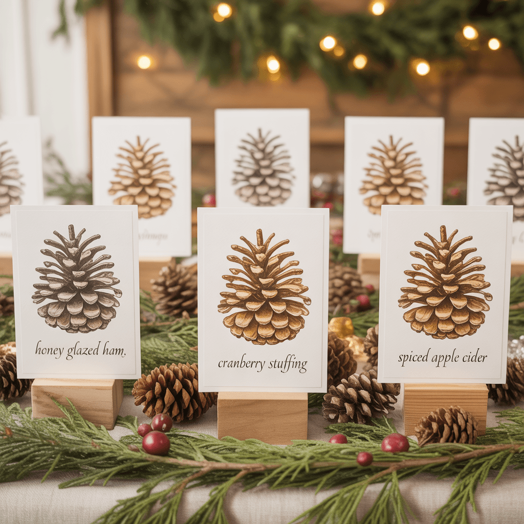 Christmas Party Labels with pinecone design on a buffet table.