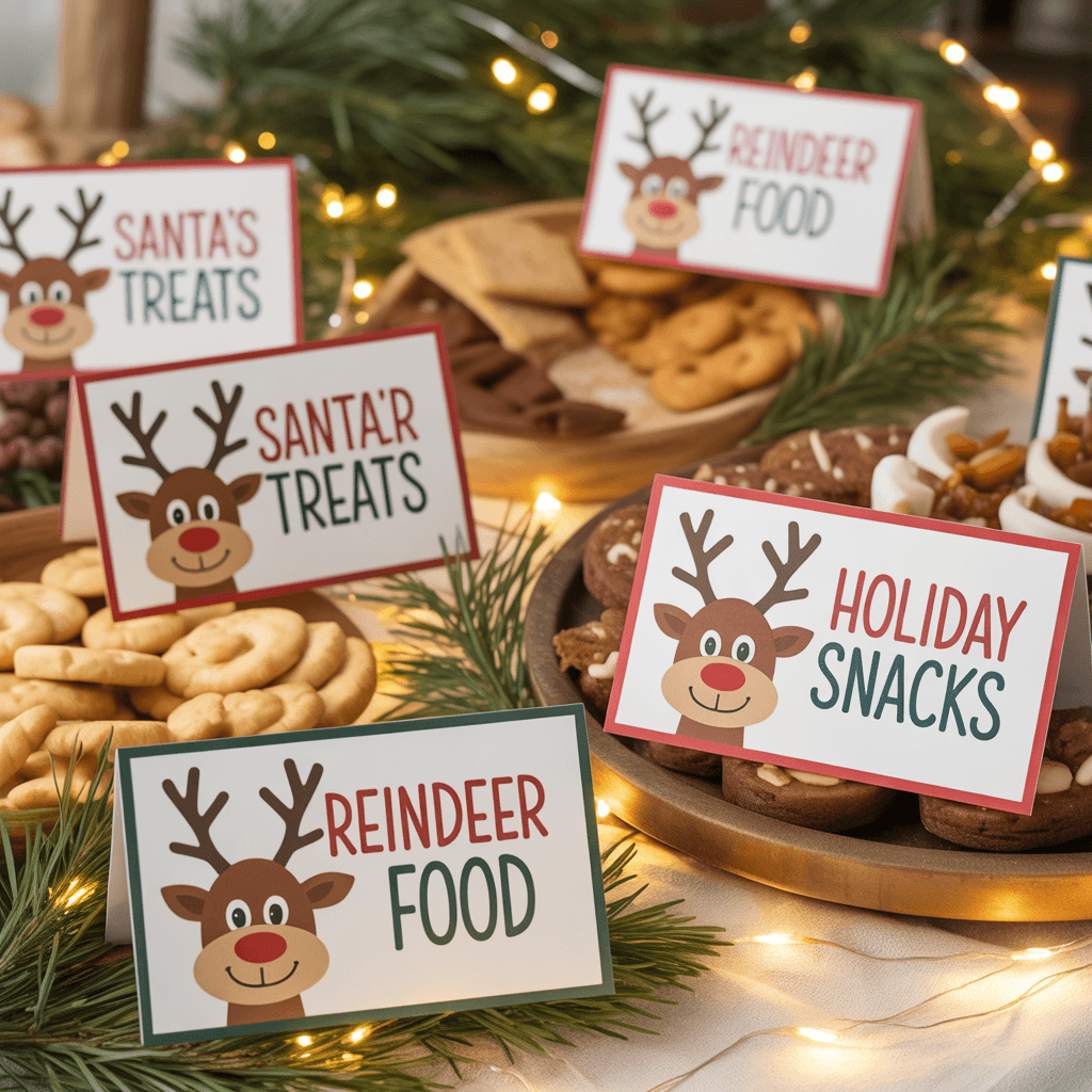 Christmas Party Labels with reindeer design on a snack table.