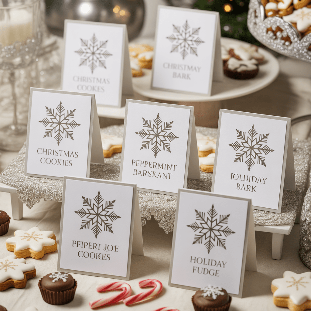 Christmas Party Labels with snowflake design on a dessert table.