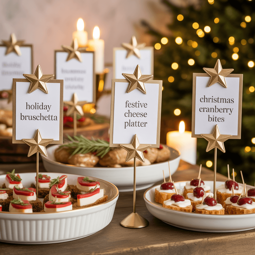 Christmas Party Labels with star design on an appetizer table.