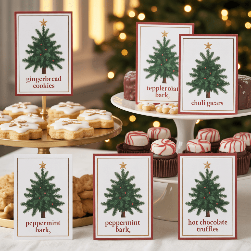  Christmas Party Labels with tree design on a dessert table.