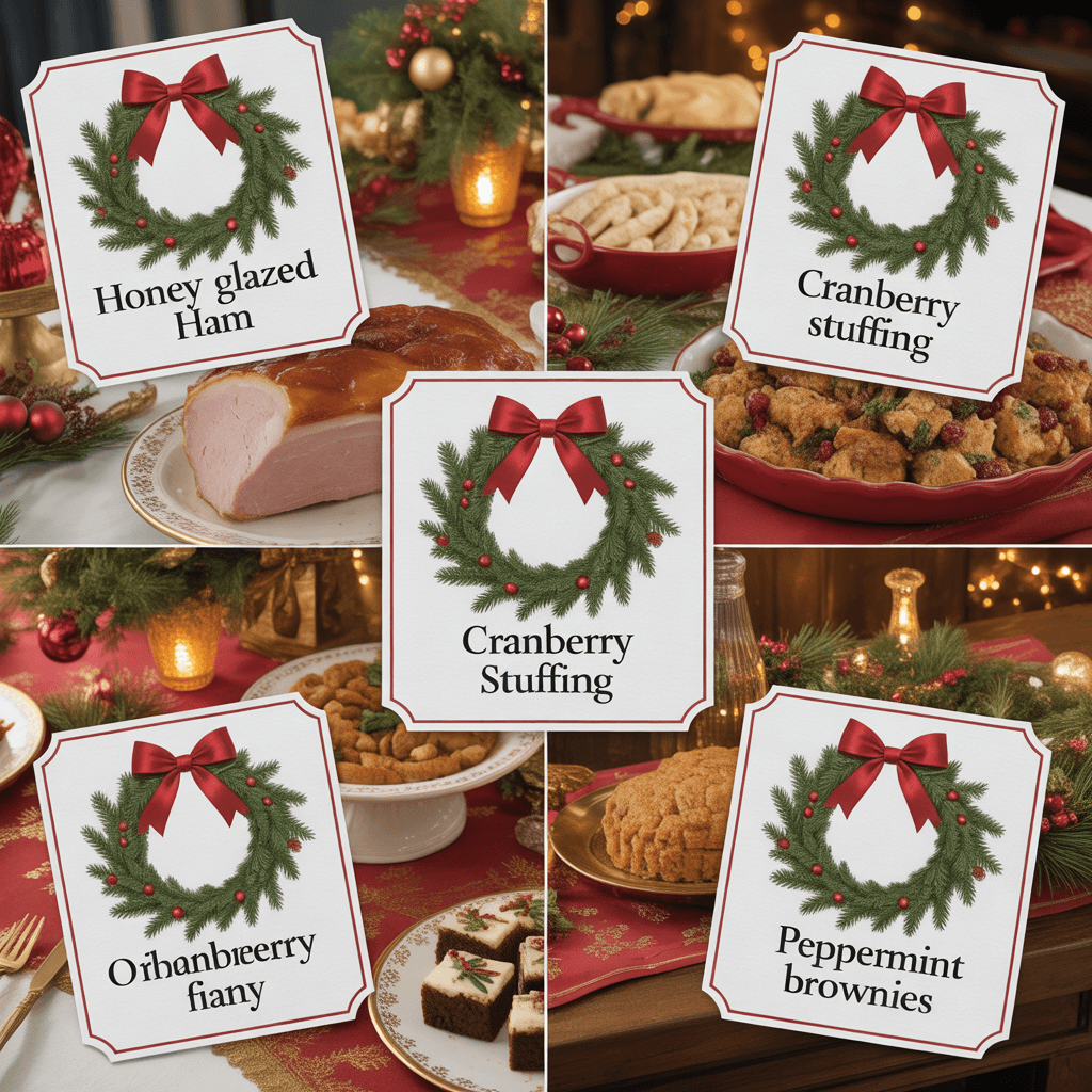 Christmas Party Labels with wreath design on a buffet table.