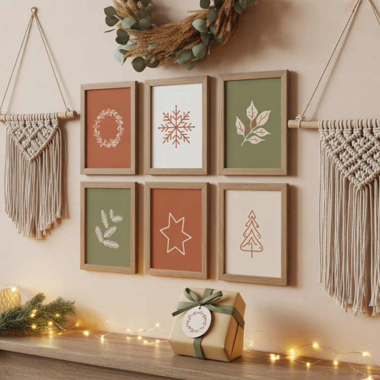Christmas Wall Art feature image with boho-inspired designs on a gallery wall.