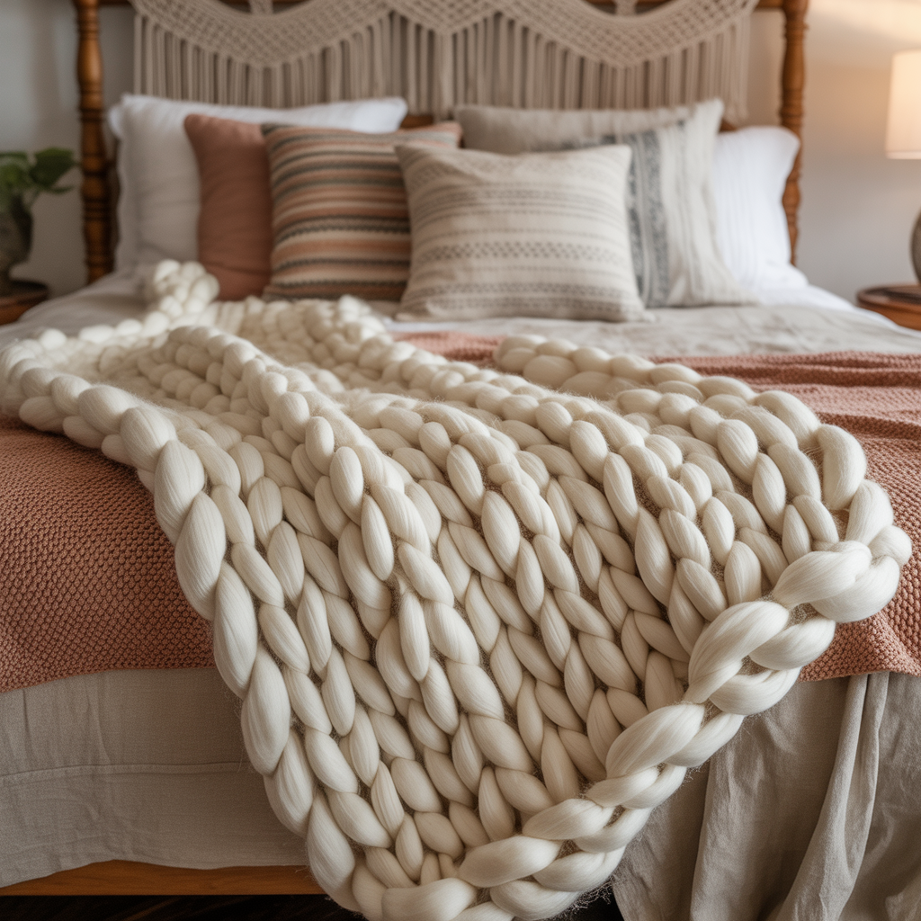 10 Boho Bedding Trends 2025: Colors, Textures & Styles You’ll Love 8 Chunky knit throw draped over boho bed, adding texture and contrast.