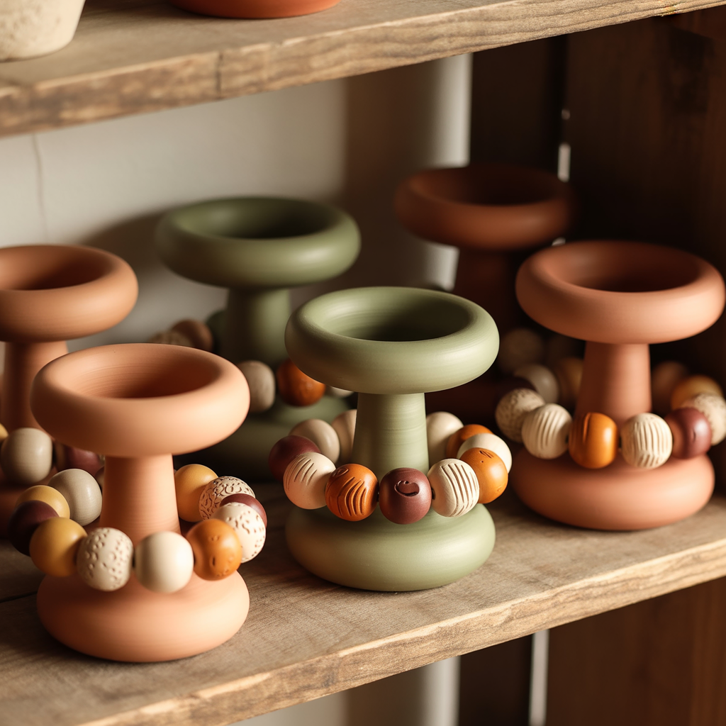 10 Amazing Ways to Make Your Own Boho Candle Holders and Décor 9 Clay coil Boho Candle Holders with textured beads on a shelf.