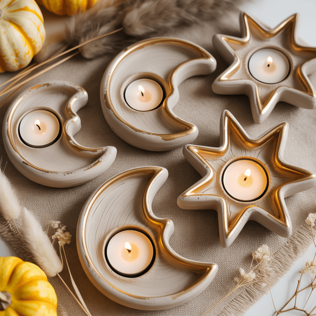 Clay moon and star candle holders glowing softly in neutral setting.
