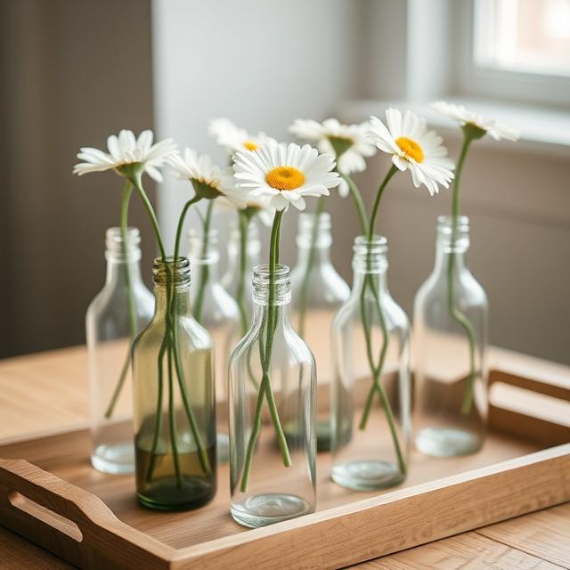 Clear glass bottles used as DIY centerpieces