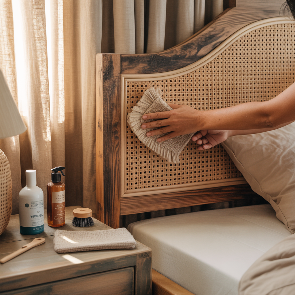 10 DIY Boho Headboard Ideas You Can Create in a Weekend 11 Close-up of hands dusting a DIY boho headboard in a cozy bedroom.