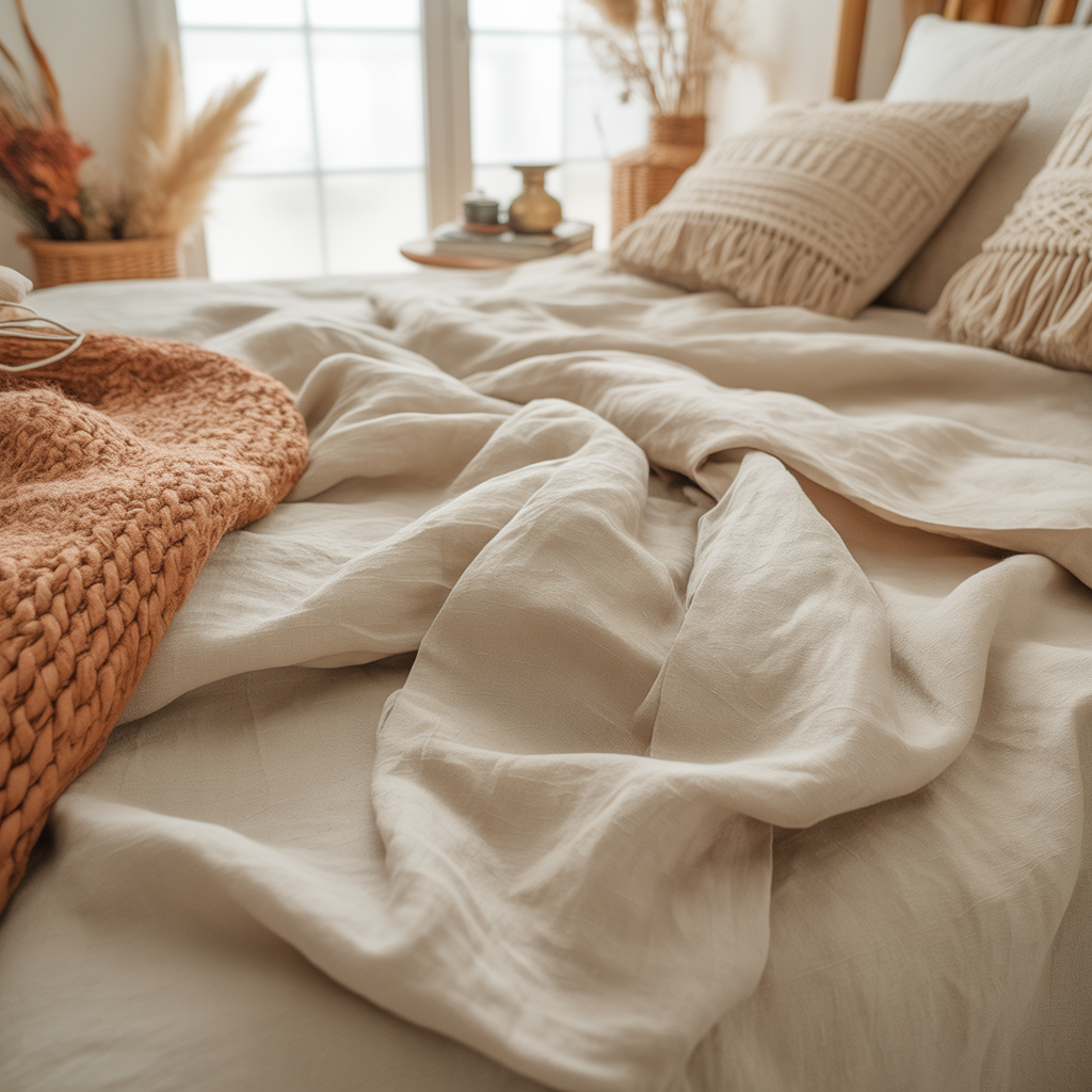 10 Boho Bedding Trends 2025: Colors, Textures & Styles You’ll Love 4 Close-up of linen sheets and knit throw layered on bed in boho style