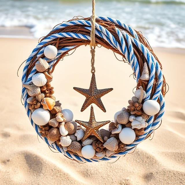 Coastal summer beach wreath with seashells and nautical rope