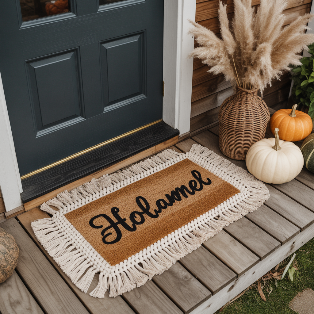 10 Cozy DIY Halloween Boho Door Mats for a Welcoming Entry 5 Coir doormat with macramé fringe edges and boho Halloween porch styling.
