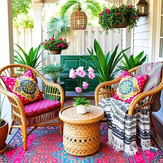 10 Outdoor Boho Patio Ideas for a Cozy Backyard Retreat (2025) 7 Colorful Boho patio with patterned pillows and blankets on rattan chairs