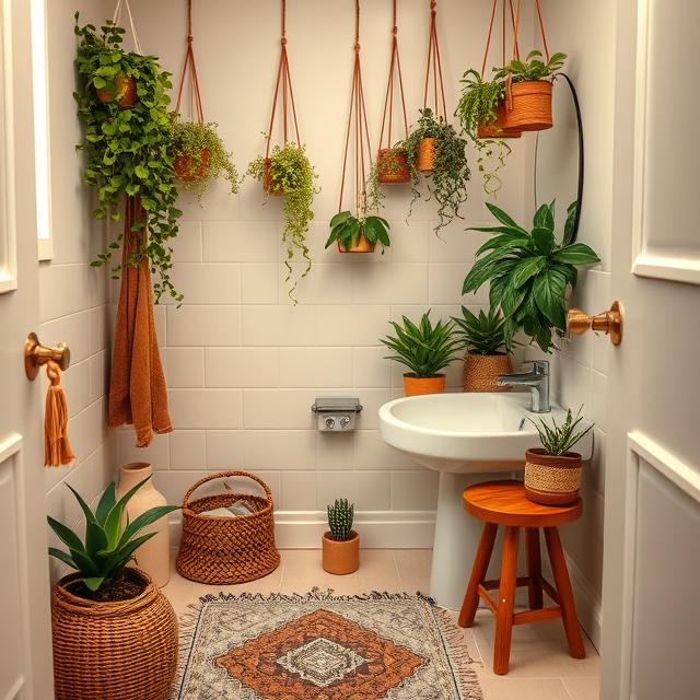 10 Boho Bathroom Ideas: Turn Your Bath Into a Relaxing Oasis 10 Compact bathroom with wicker accessories and cozy Boho vibe.