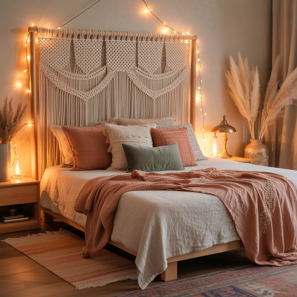 10 DIY Boho Headboard Ideas You Can Create in a Weekend 12 Completed boho bedroom featuring a DIY headboard with cozy textiles and layered decor.
